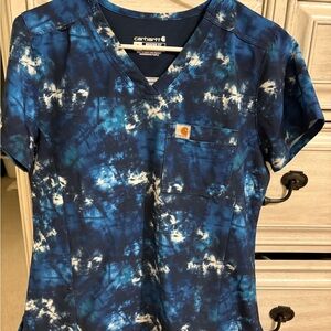 Carhartt Navy and White Tie-Dye Scrub Top